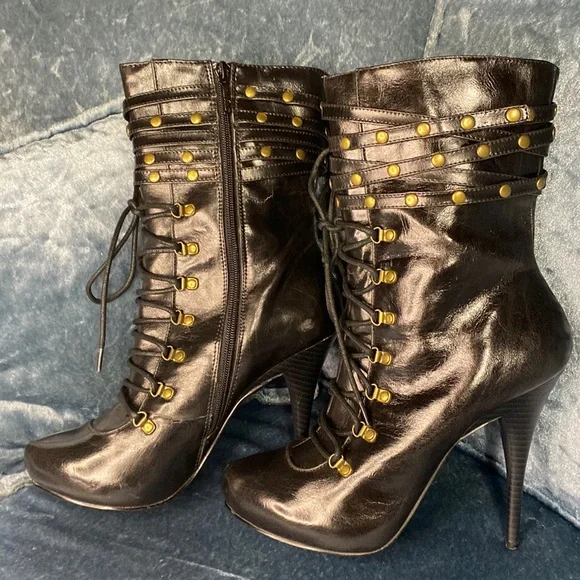 Michael Antonio Shoes Michael Antonio 9 Calf Black Stiletto Boots Gold Hardware Faux Leather Lace Up Poshmark